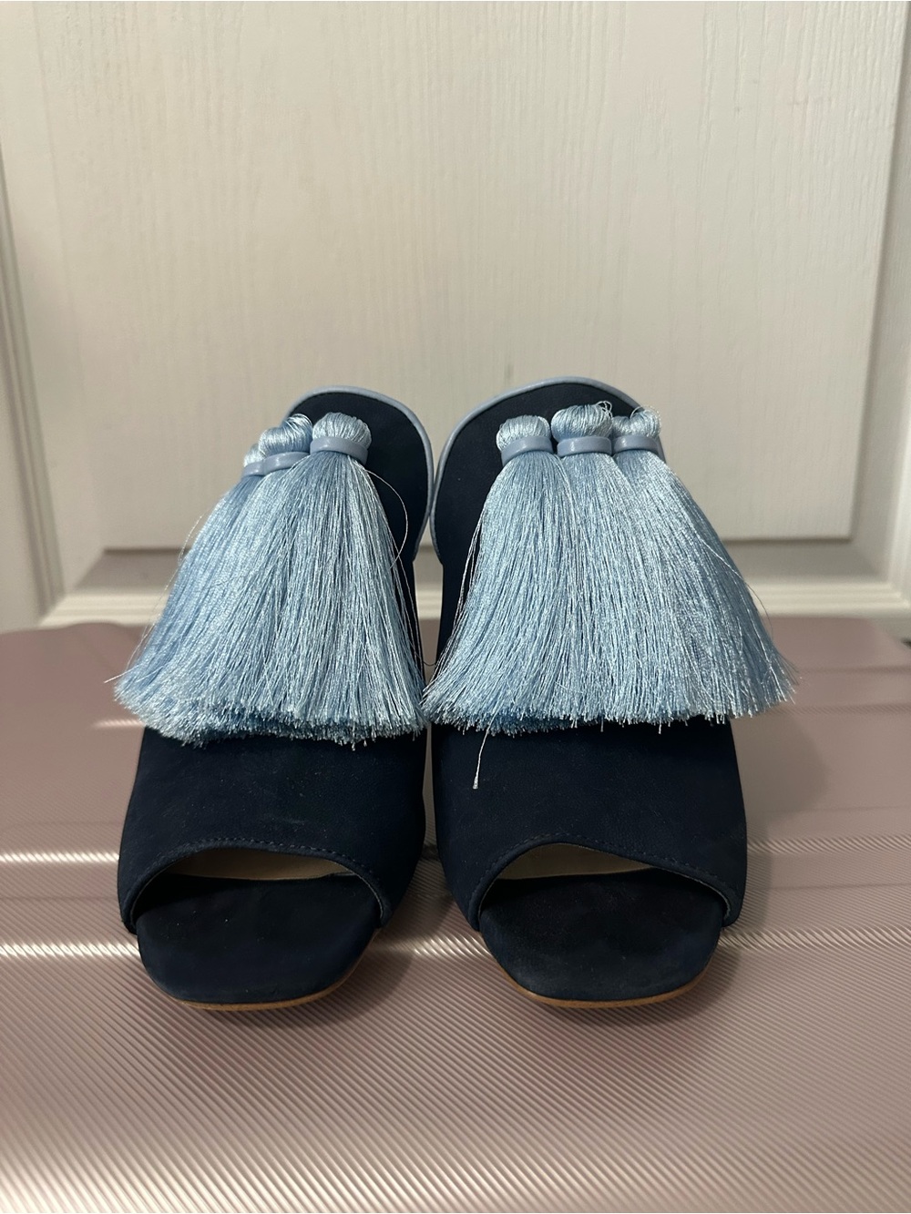 Gianni Bini Navy Slide Mules with Light Blue Tassels
